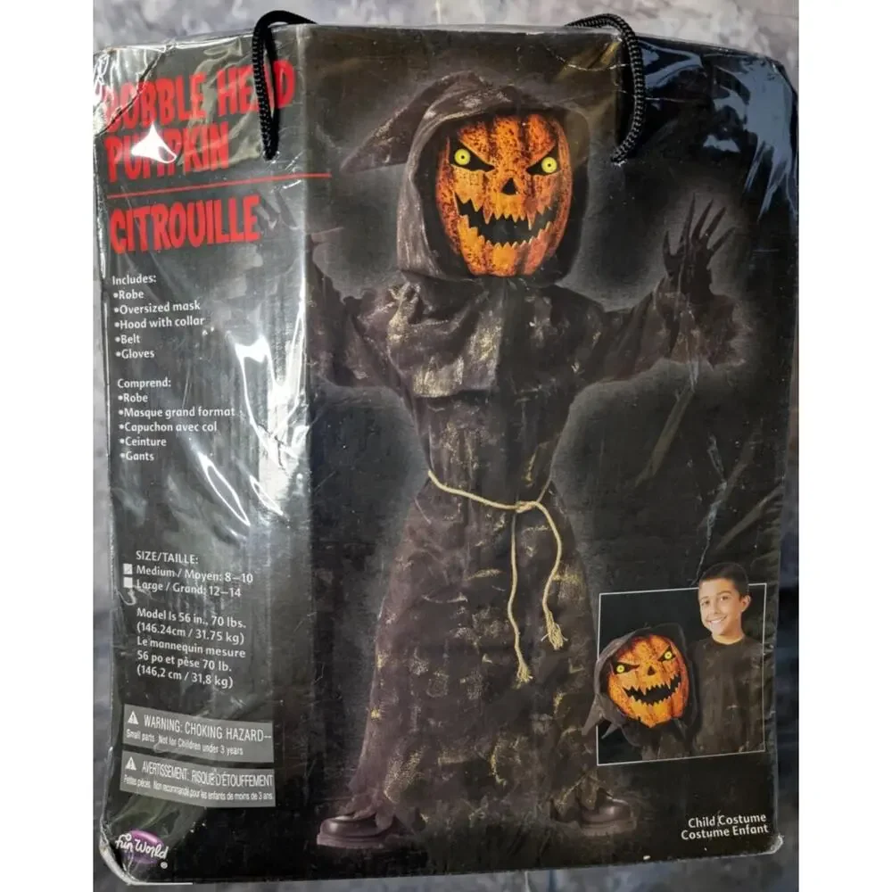Fun World Bobblehead Pumpkin Child Halloween Costume Boys Size M 8-10 Scary New!